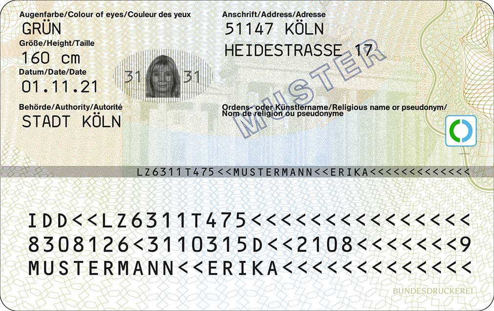 Rückseite des Personalausweises mit maschinenlesbarer Zone